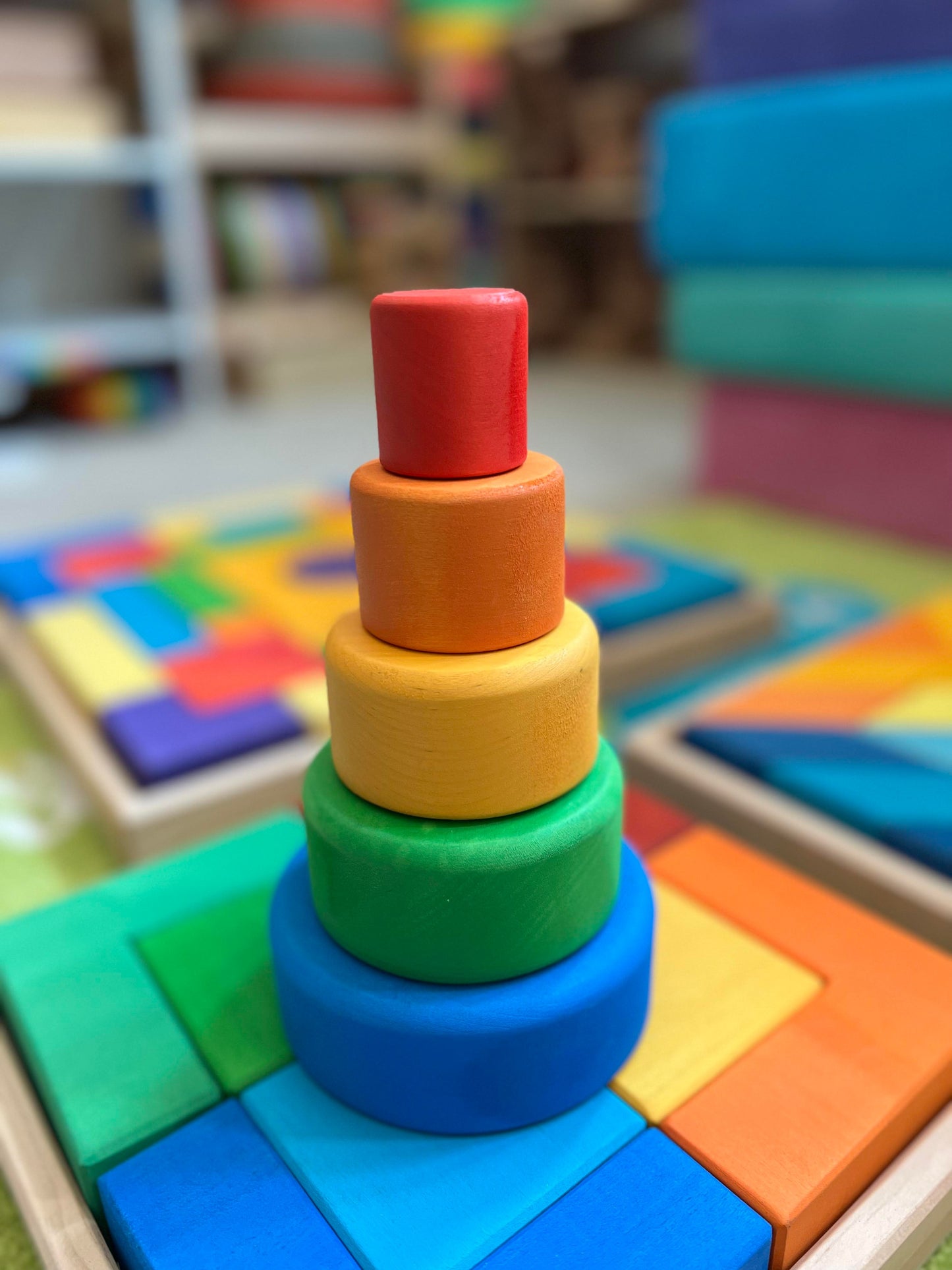 5 pcs stained wooden stacking nesting cup bowl set in blue sunset color