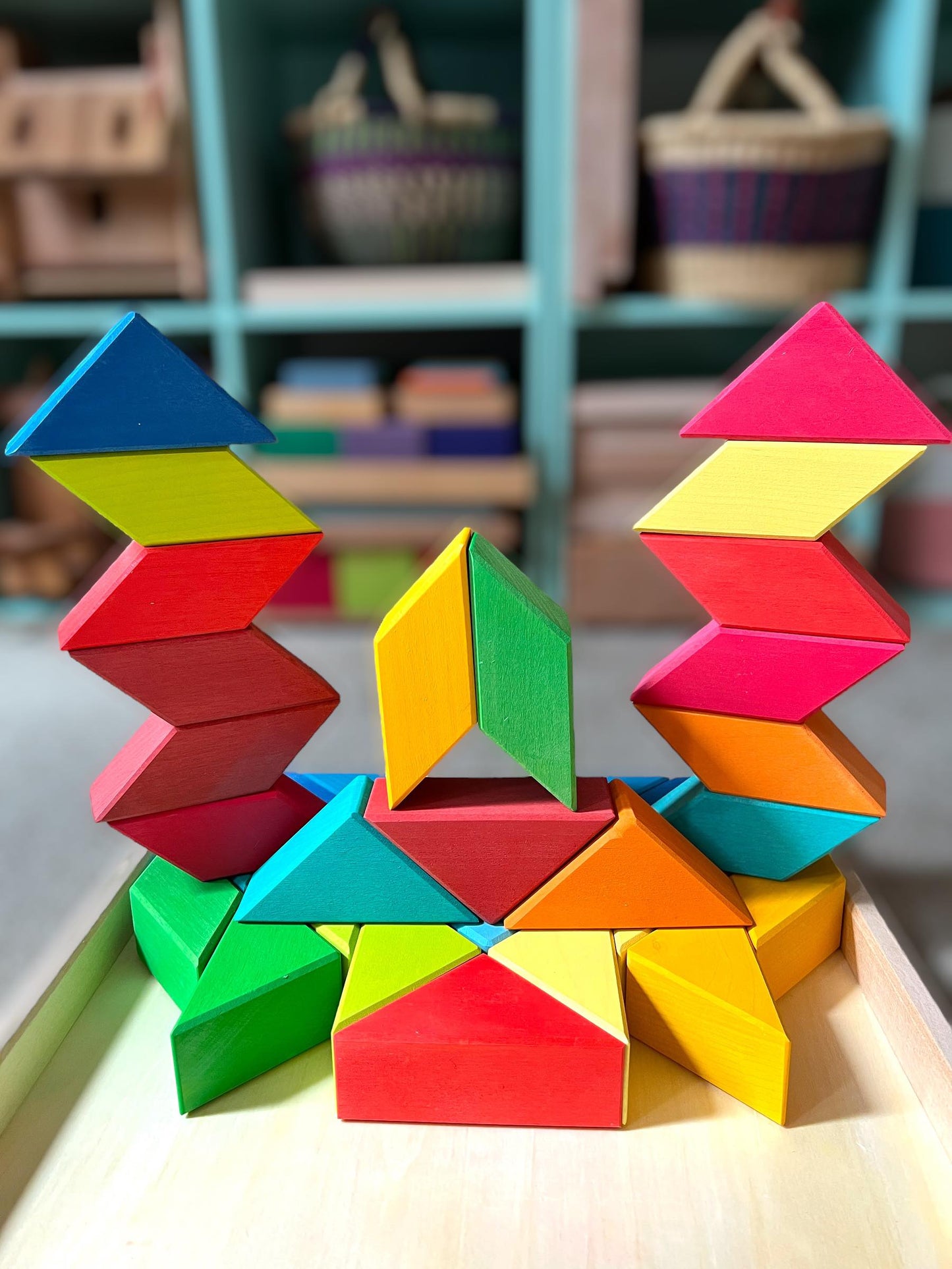 36 pcs stained large rainbow square indian puzzle blocks with storage tray