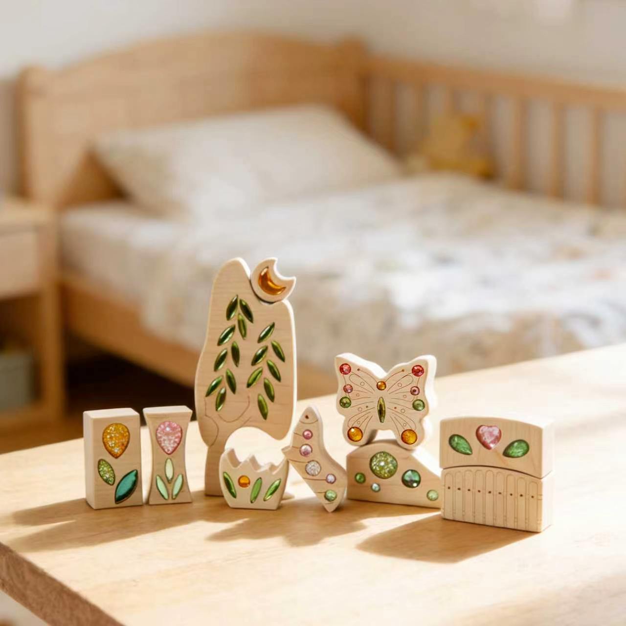 seasonal gem building blocks set | solid beech wood & acrylic sensory blocks with wooden storage box