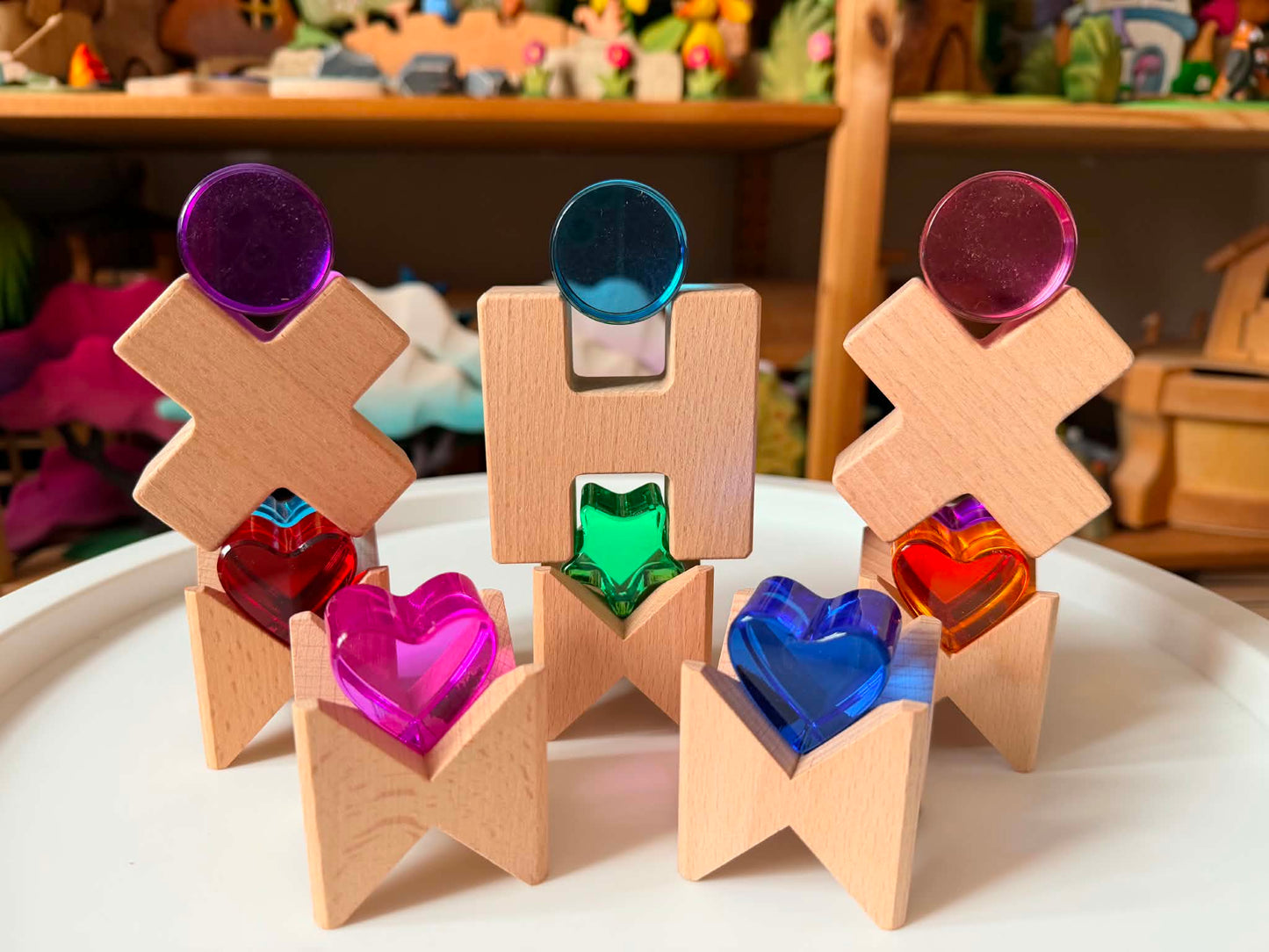 18-piece beech wood shape blocks with crystal clear acrylic inserts | heart or star