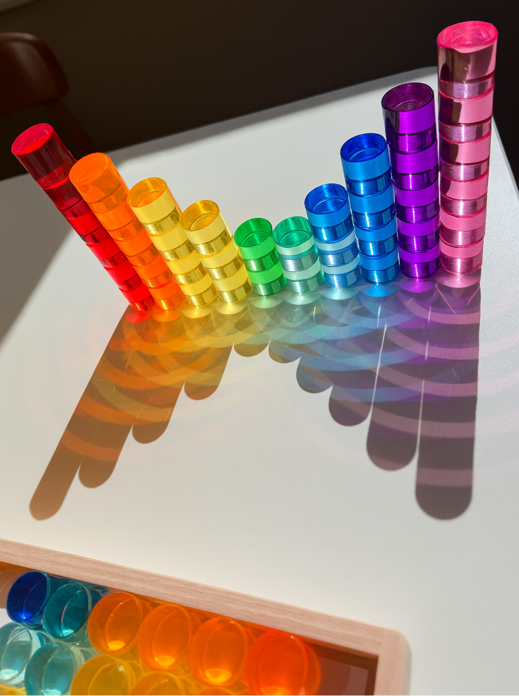 **pre-order (ships in 2-3 weeks)**60 pcs crystal-clear acrylic rainbow cylinders with wooden tray