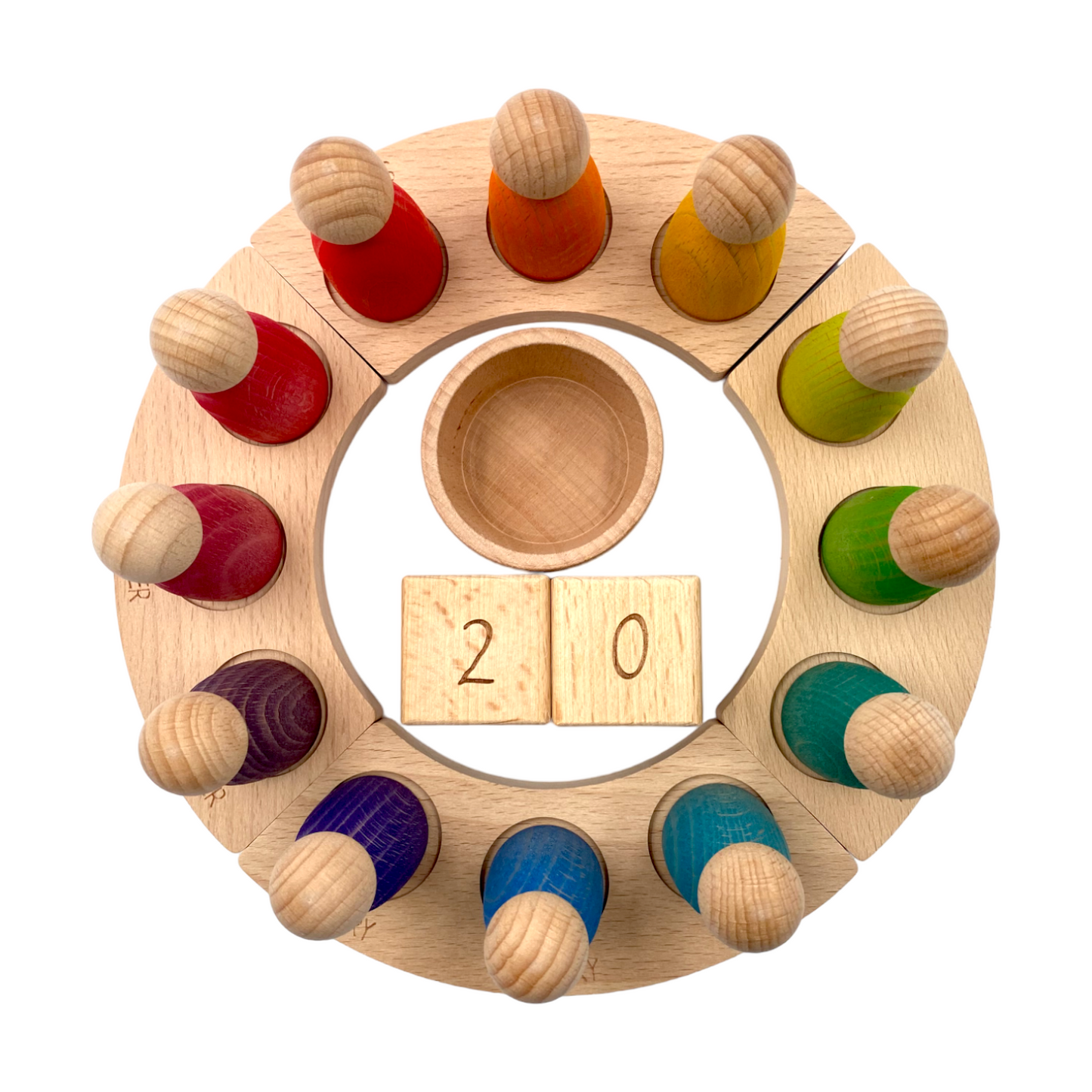 wooden perpetual calendar with 12 stained rainbow peg figures