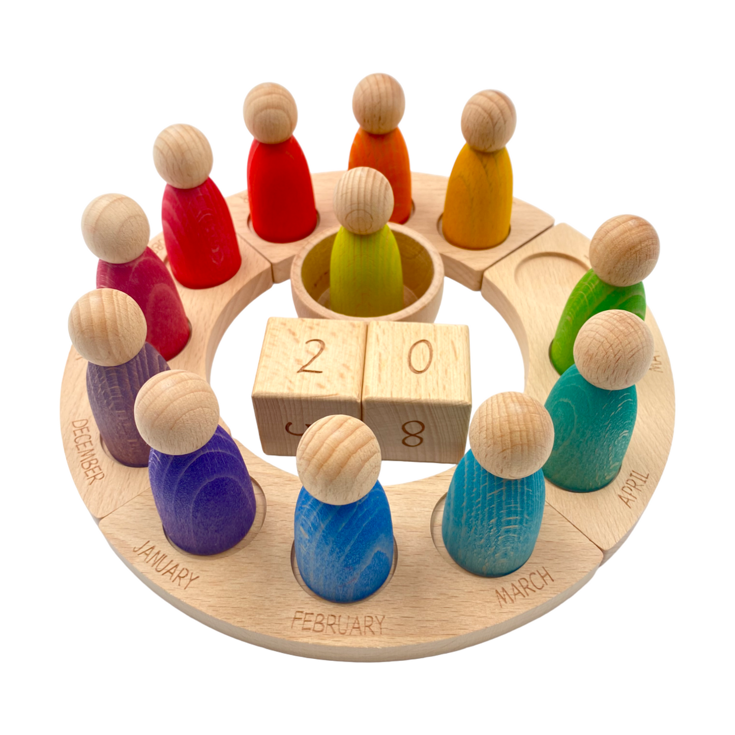 wooden perpetual calendar with 12 stained rainbow peg figures