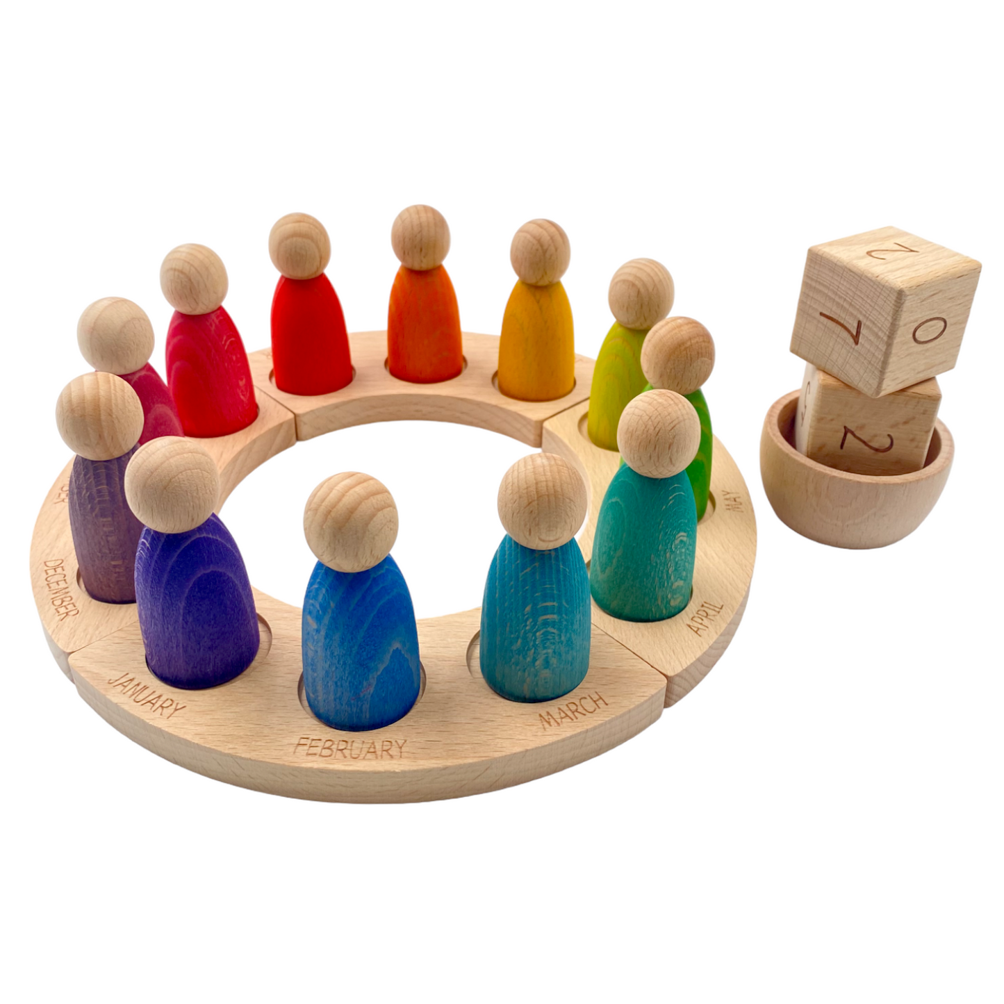 wooden perpetual calendar with 12 stained rainbow peg figures