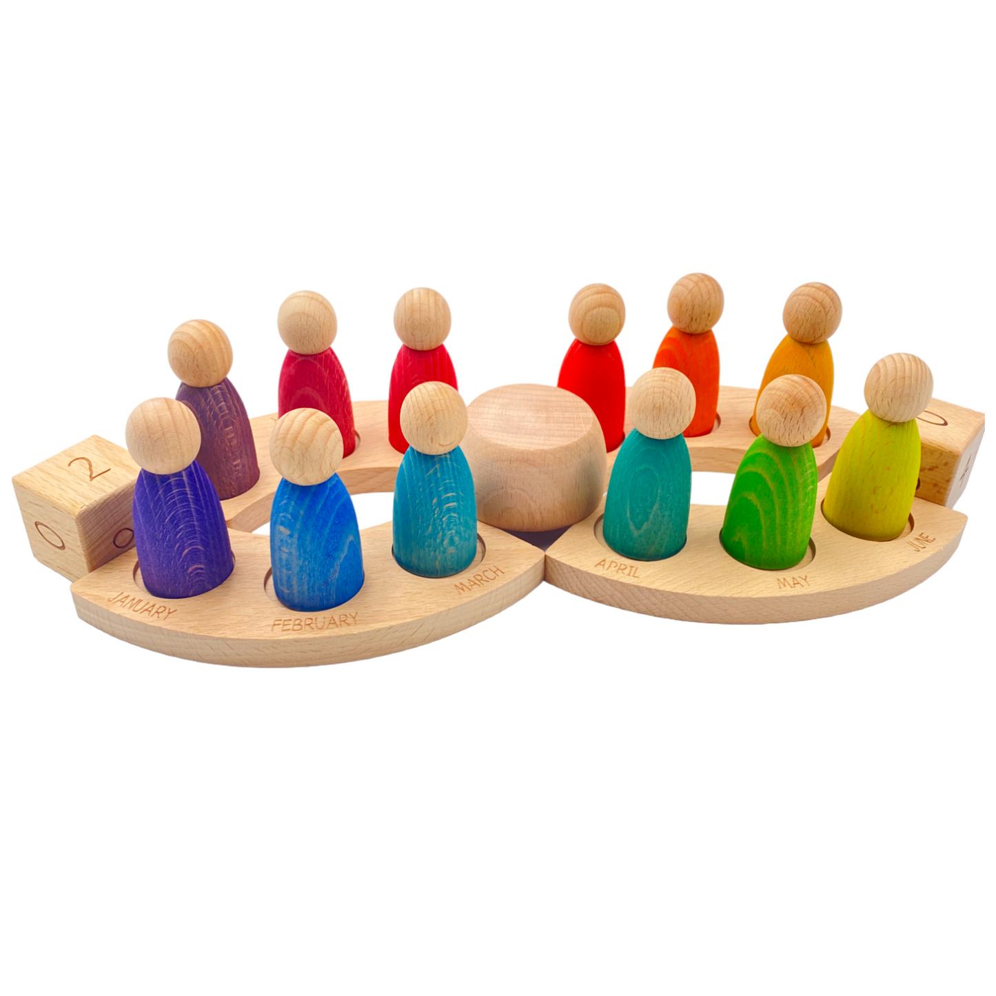 wooden perpetual calendar with 12 stained rainbow peg figures