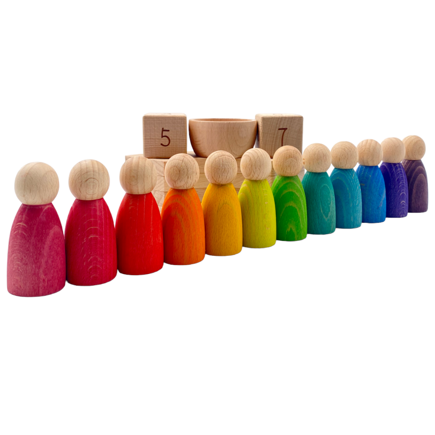 wooden perpetual calendar with 12 stained rainbow peg figures