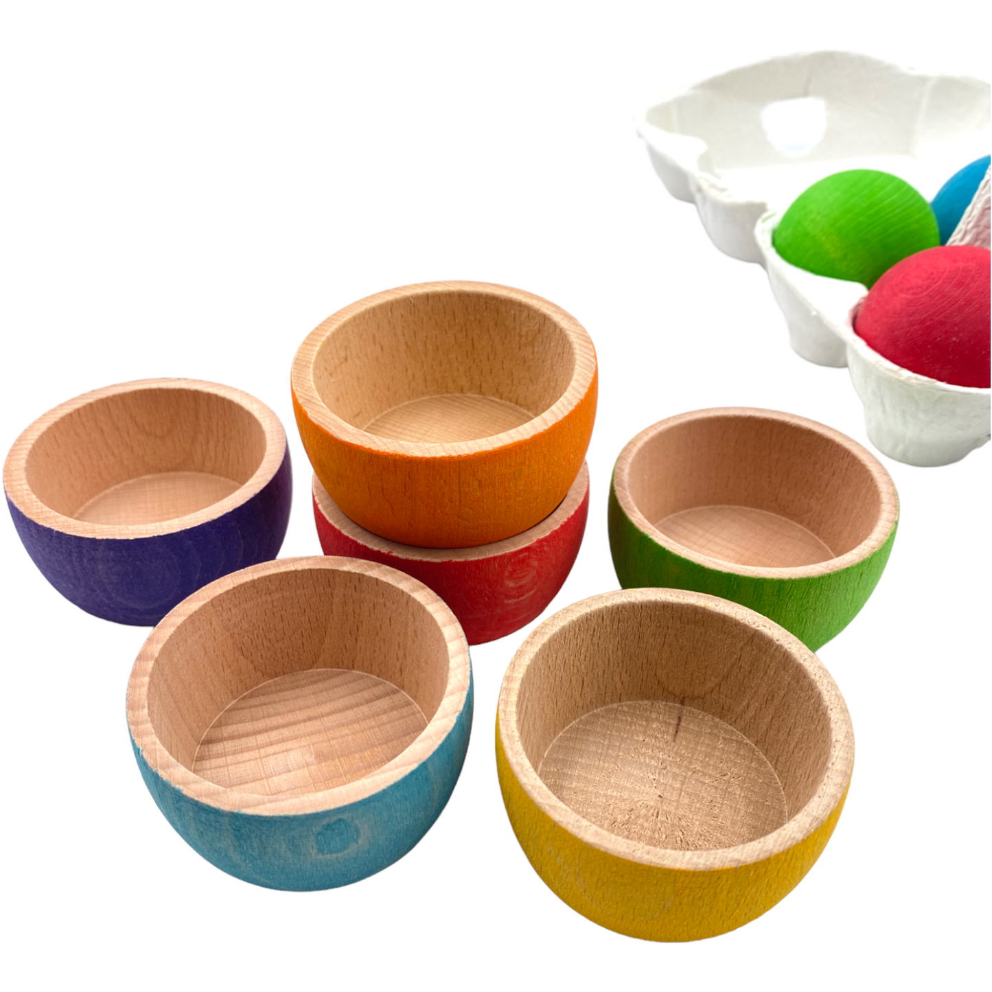 6 stained rainbow wooden bowls & balls set for matching and sorting