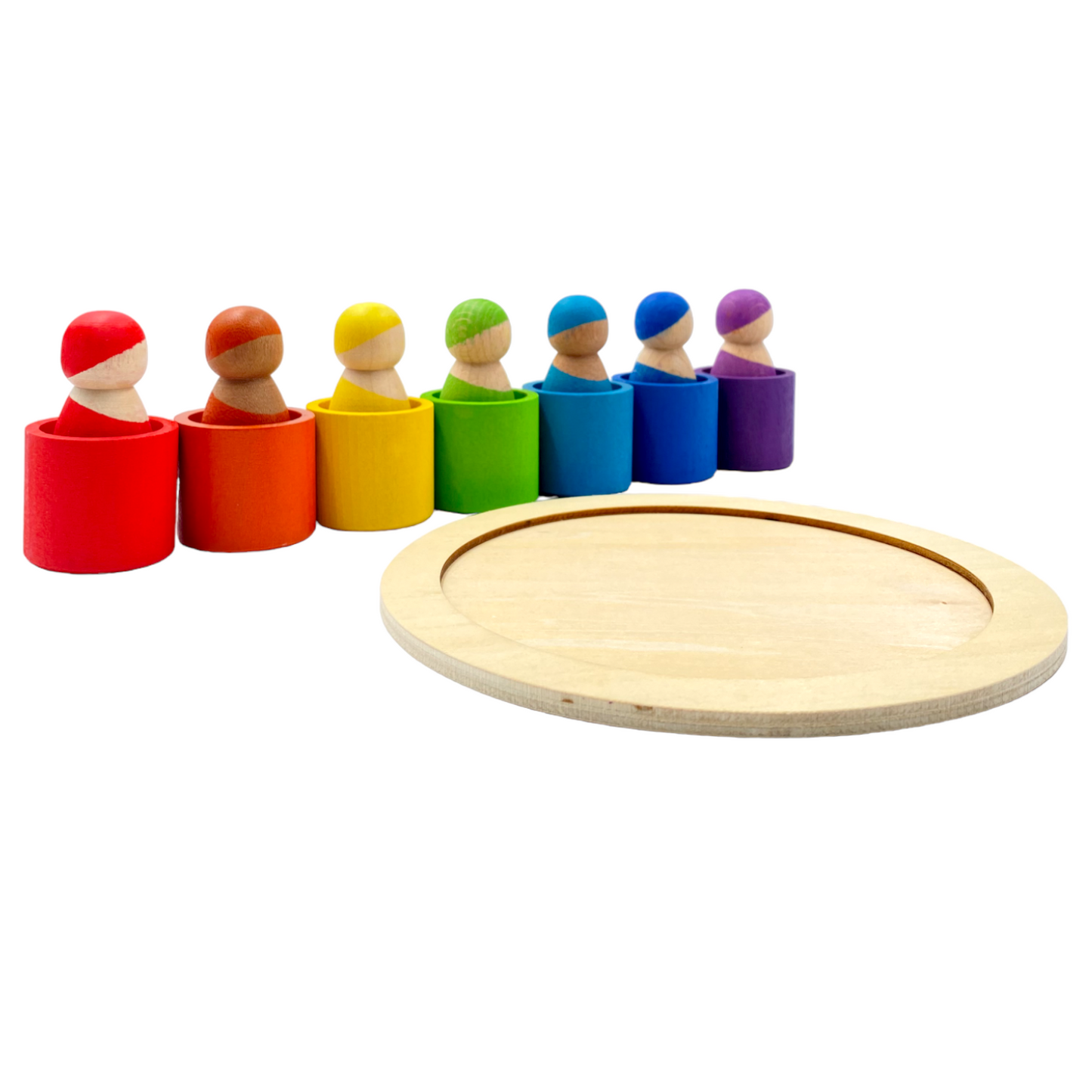 7 different skin stones stained rainbow wooden peg dolls in bowls