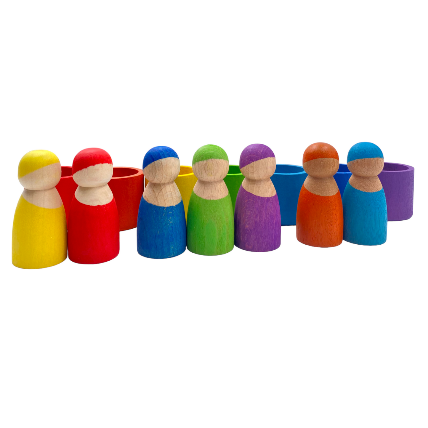 7 different skin stones stained rainbow wooden peg dolls in bowls
