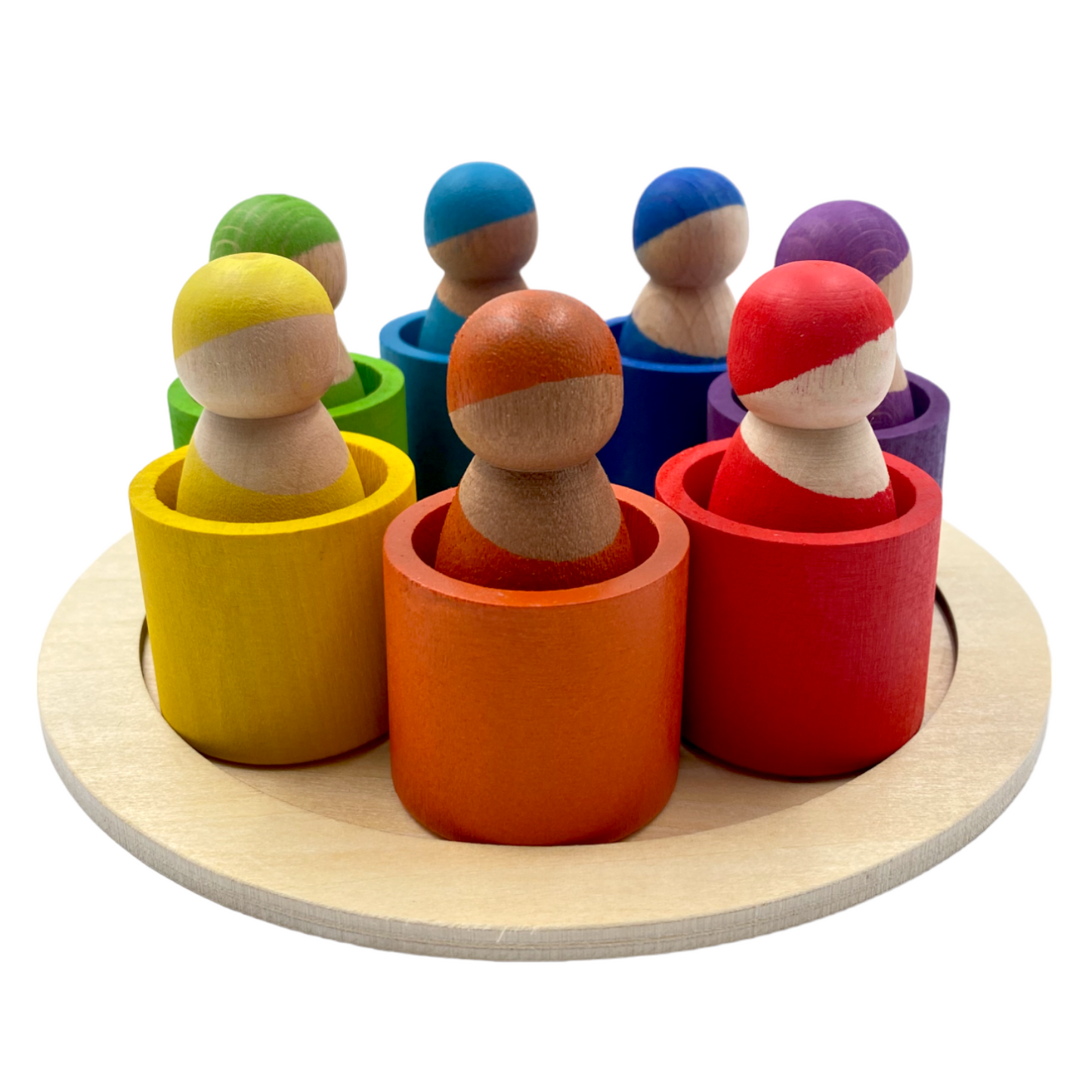 7 different skin stones stained rainbow wooden peg dolls in bowls