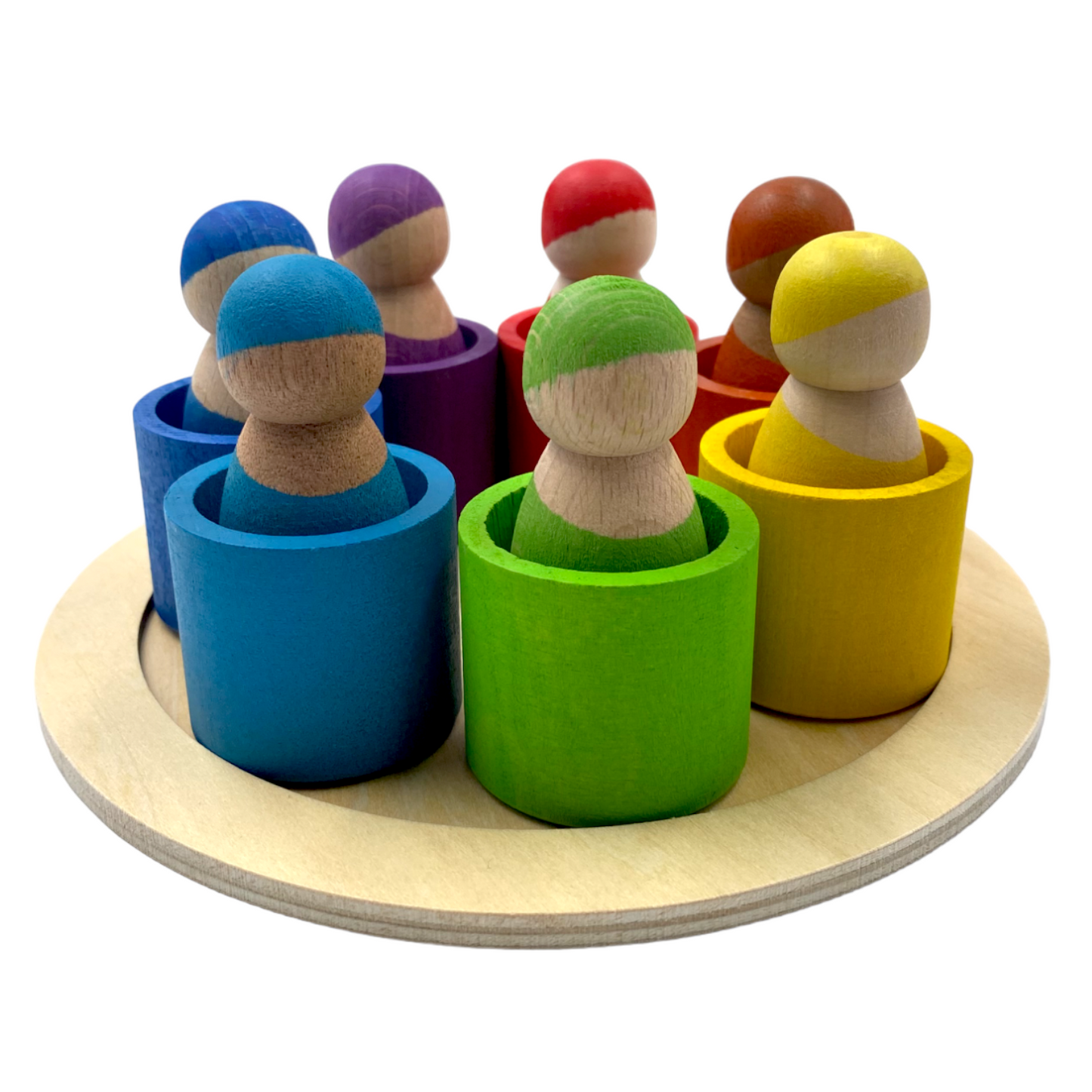 7 different skin stones stained rainbow wooden peg dolls in bowls