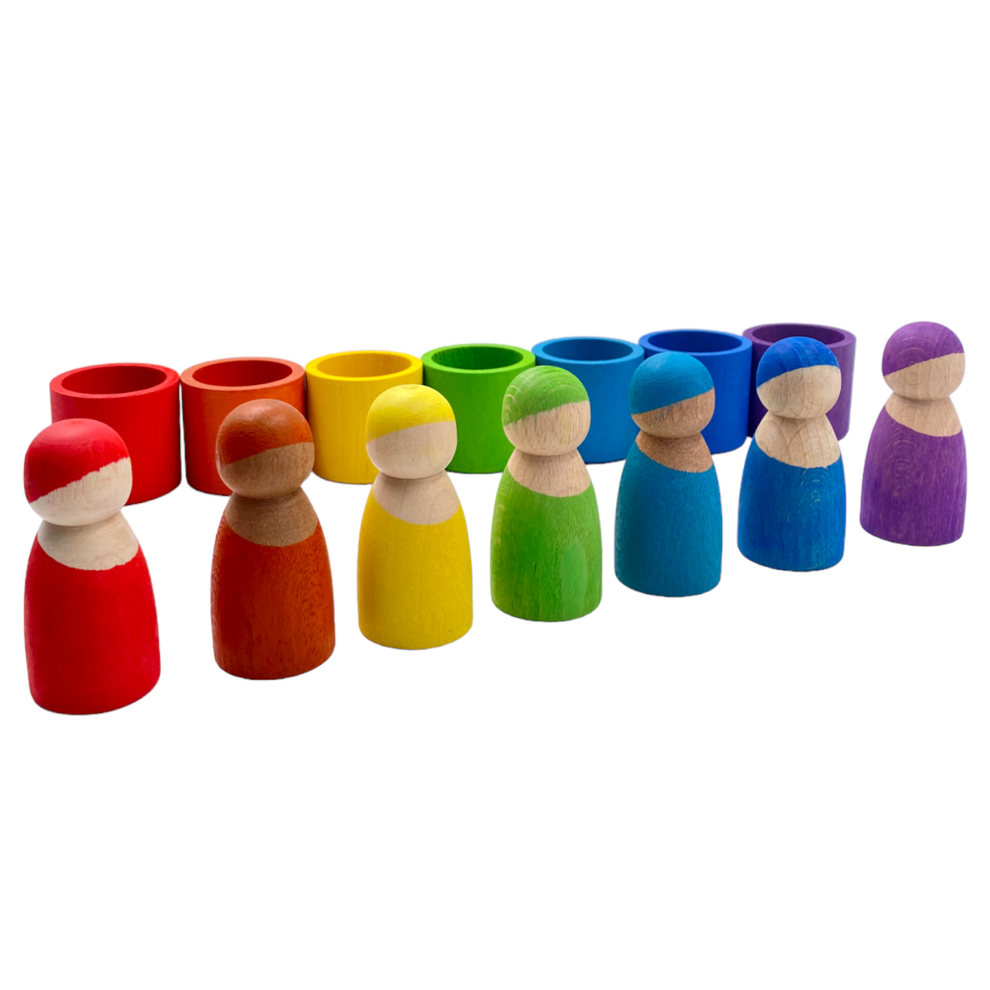 7 different skin stones stained rainbow wooden peg dolls in bowls