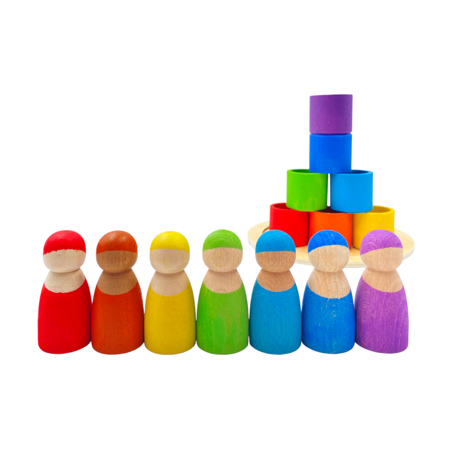 7 different skin stones stained rainbow wooden peg dolls in bowls