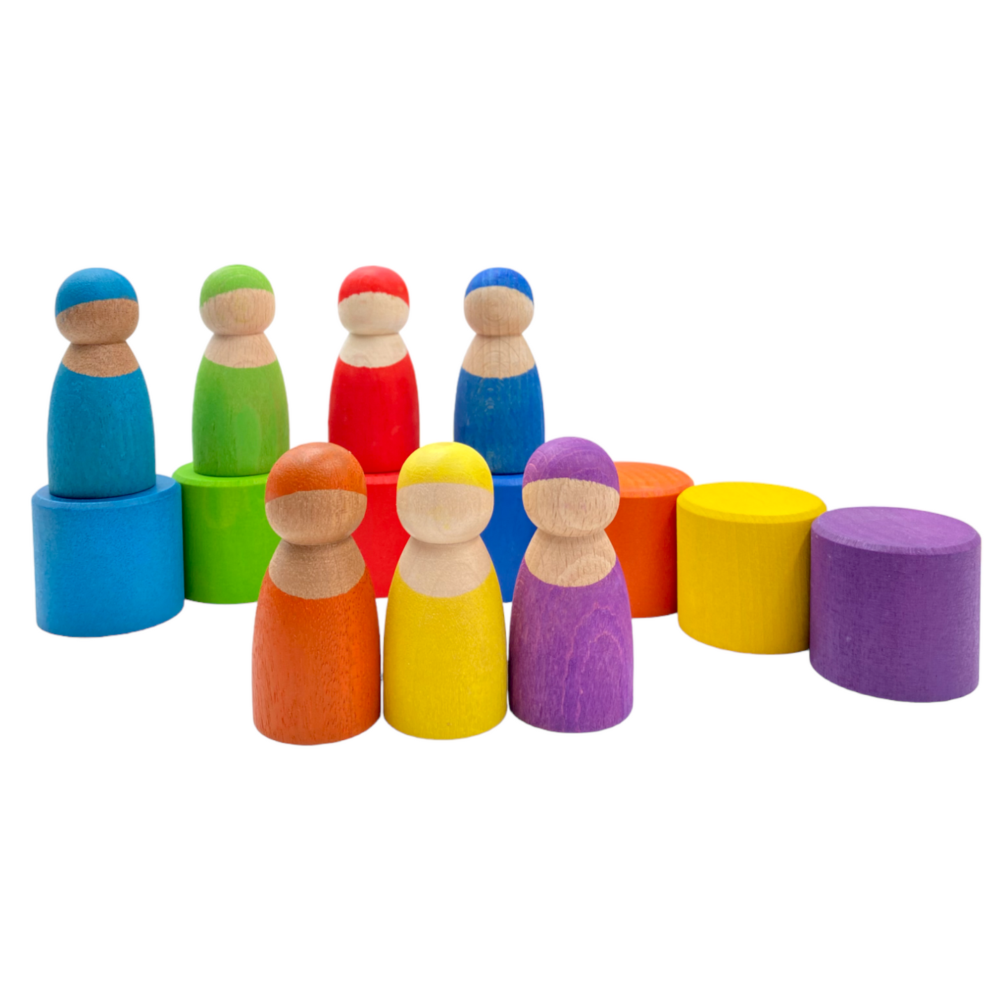 7 different skin stones stained rainbow wooden peg dolls in bowls
