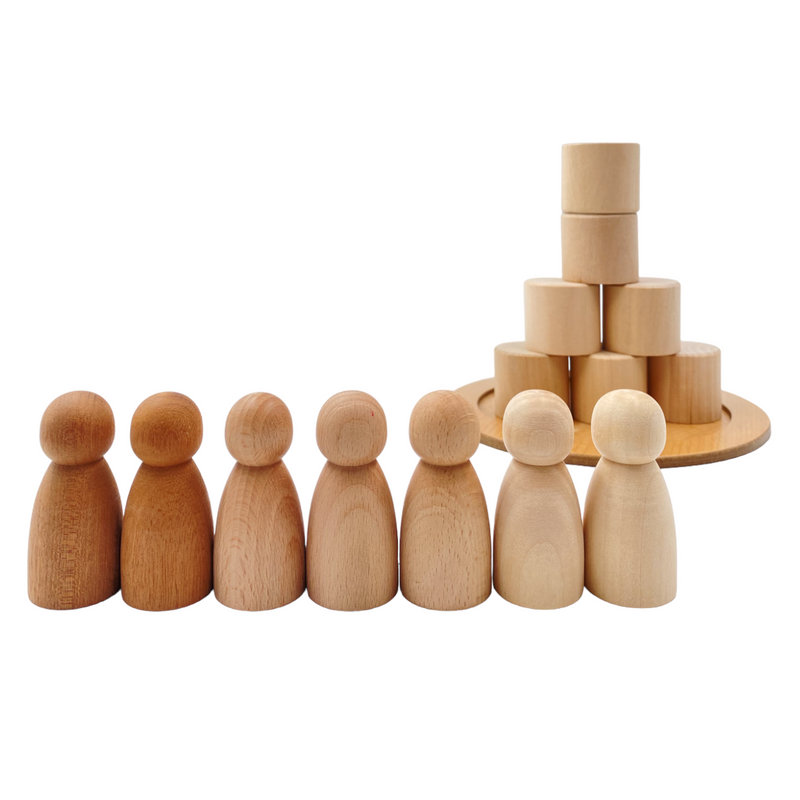 7 Different Skin Stones Natural Wooden Peg Dolls in Bowls