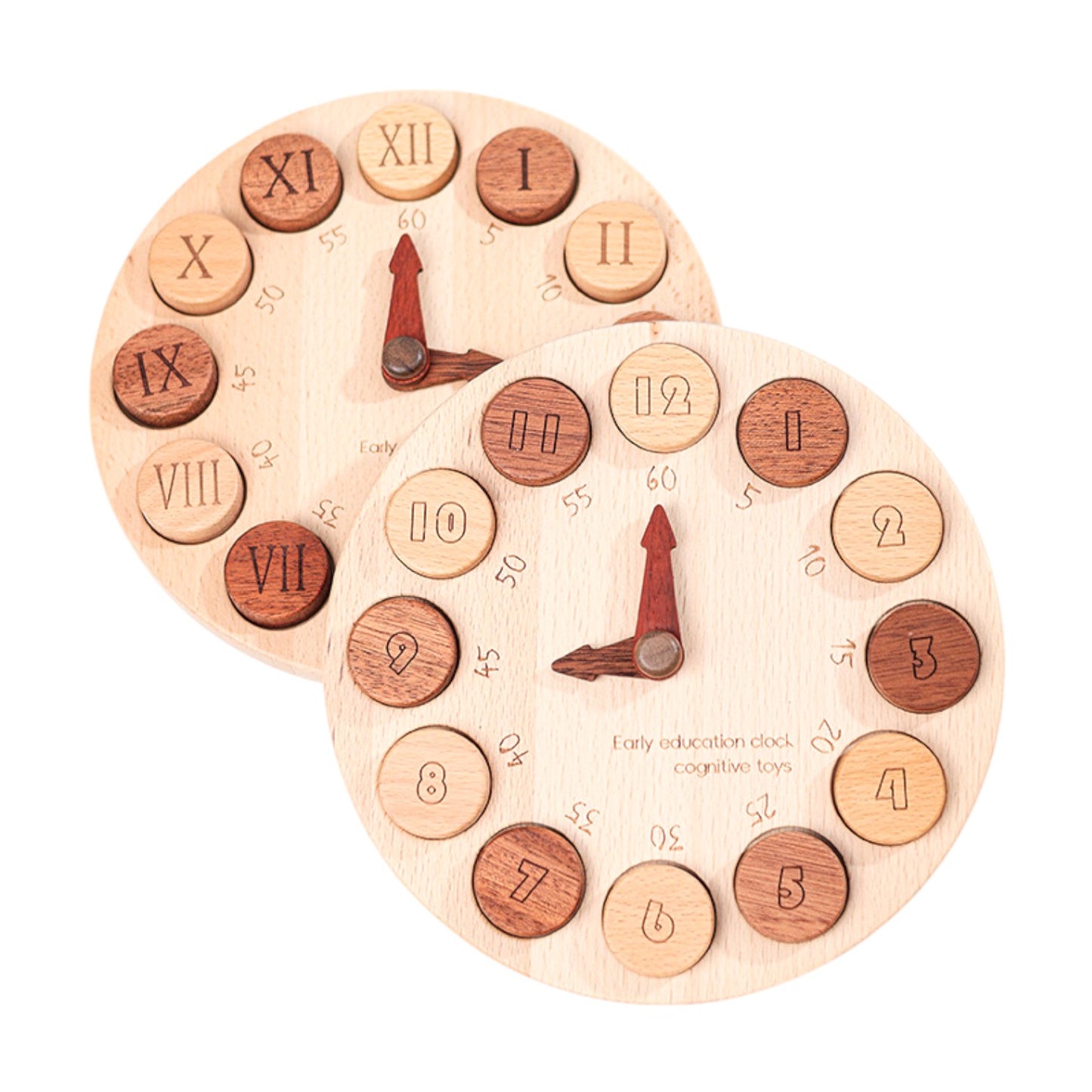 wooden cognitive learning clock – dual-sided time recognition toy with roman and arabic numerals