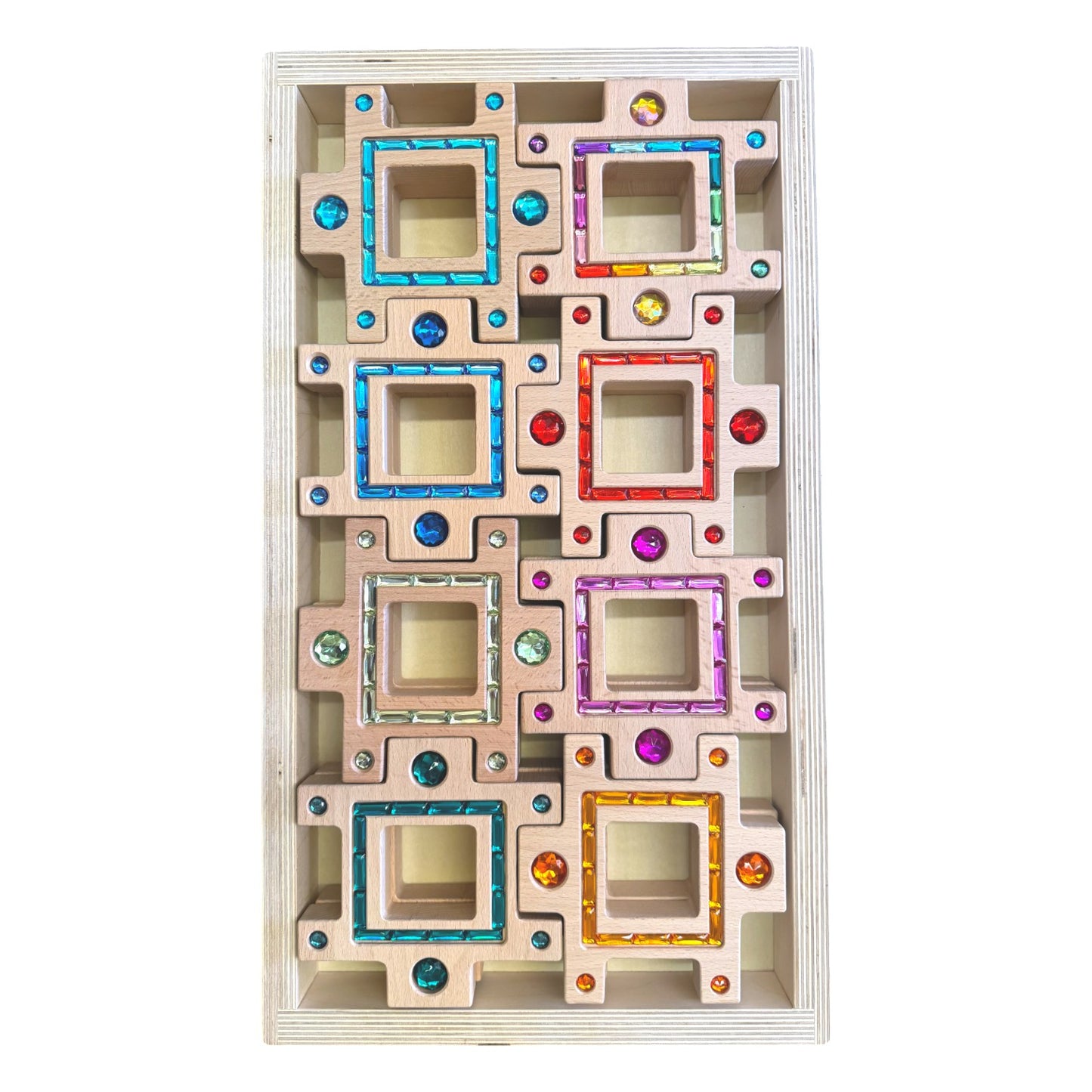 **pre-order (ships in 2-3 weeks)**wooden gemlight window blocks – 16-piece colorful open-ended play set with storage box