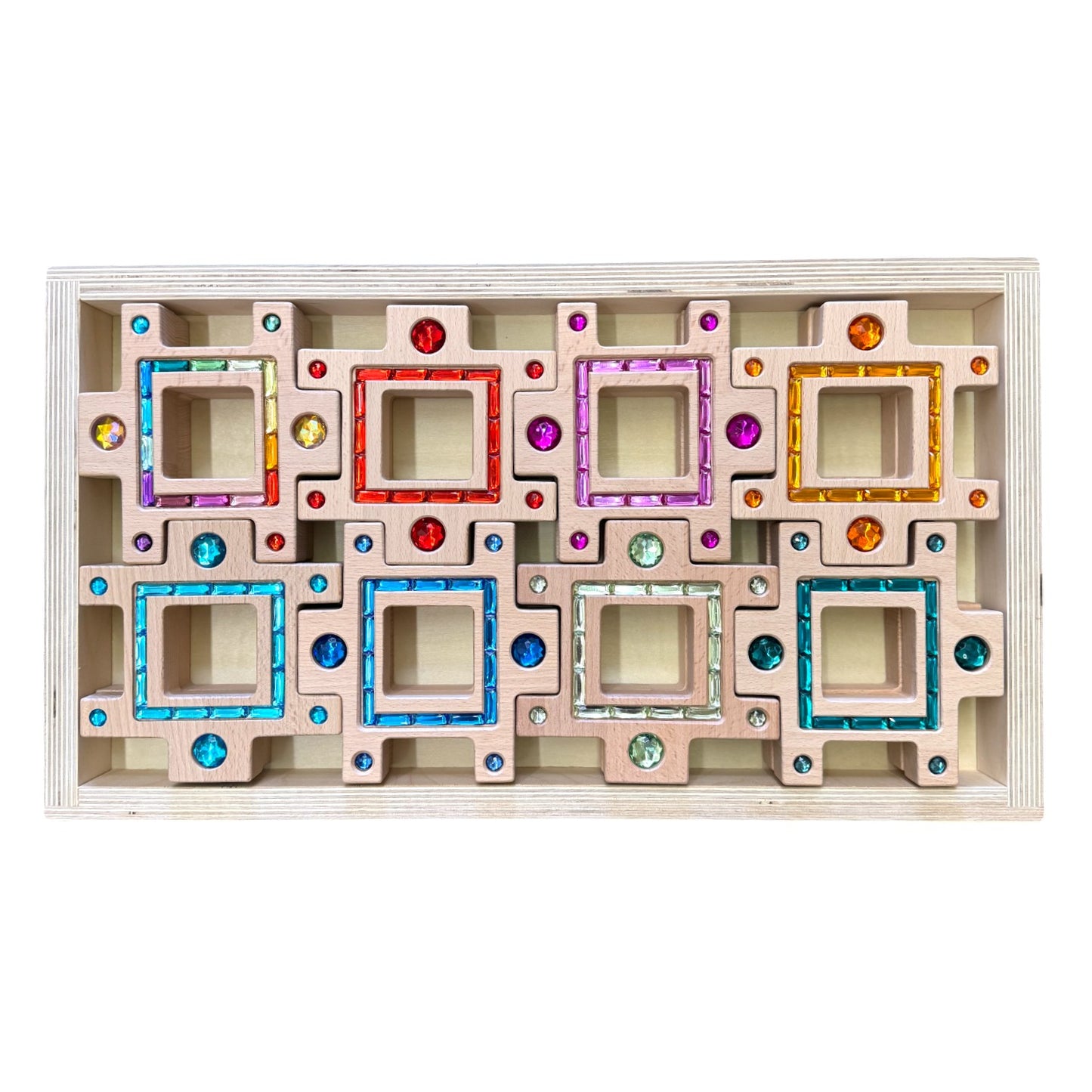 **pre-order (ships in 2-3 weeks)**wooden gemlight window blocks – 16-piece colorful open-ended play set with storage box