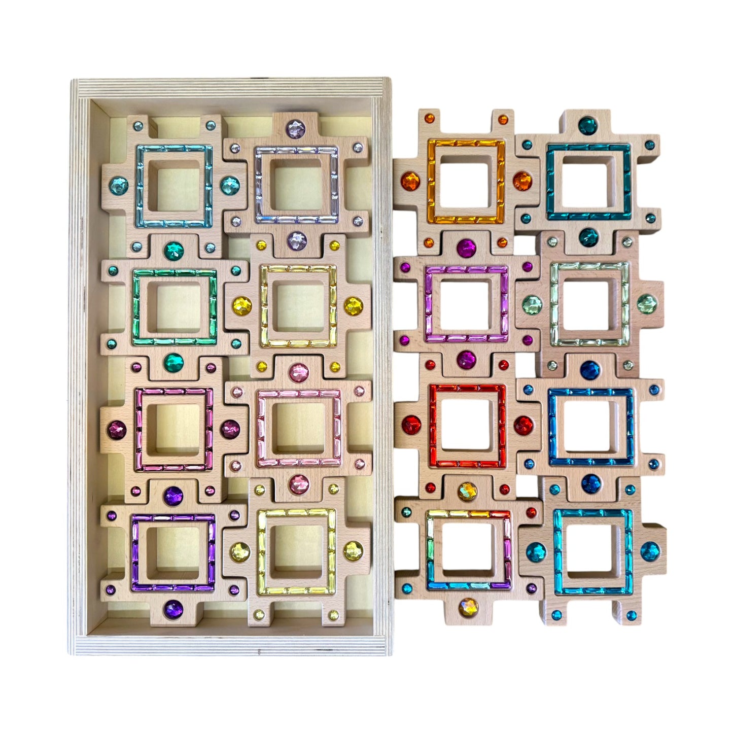 **pre-order (ships in 2-3 weeks)**wooden gemlight window blocks – 16-piece colorful open-ended play set with storage box