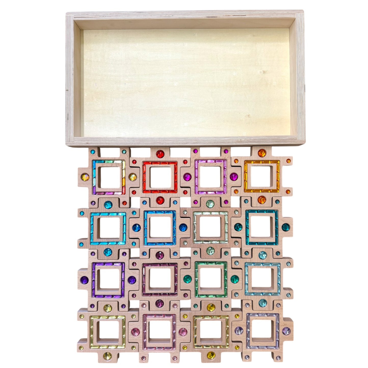 **pre-order (ships in 2-3 weeks)**wooden gemlight window blocks – 16-piece colorful open-ended play set with storage box