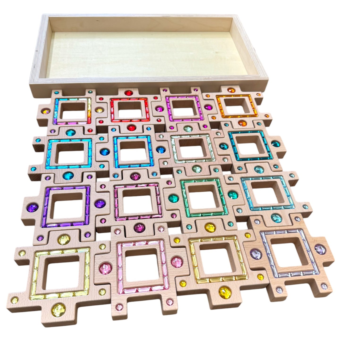 **pre-order (ships in 2-3 weeks)**wooden gemlight window blocks – 16-piece colorful open-ended play set with storage box
