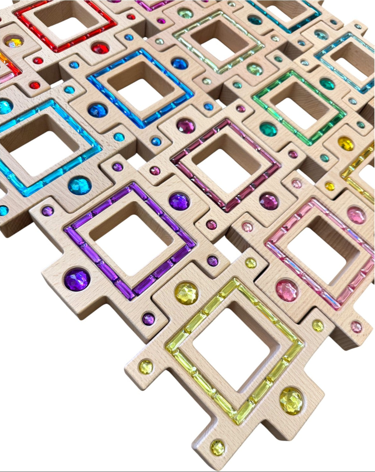 **pre-order (ships in 2-3 weeks)**wooden gemlight window blocks – 16-piece colorful open-ended play set with storage box
