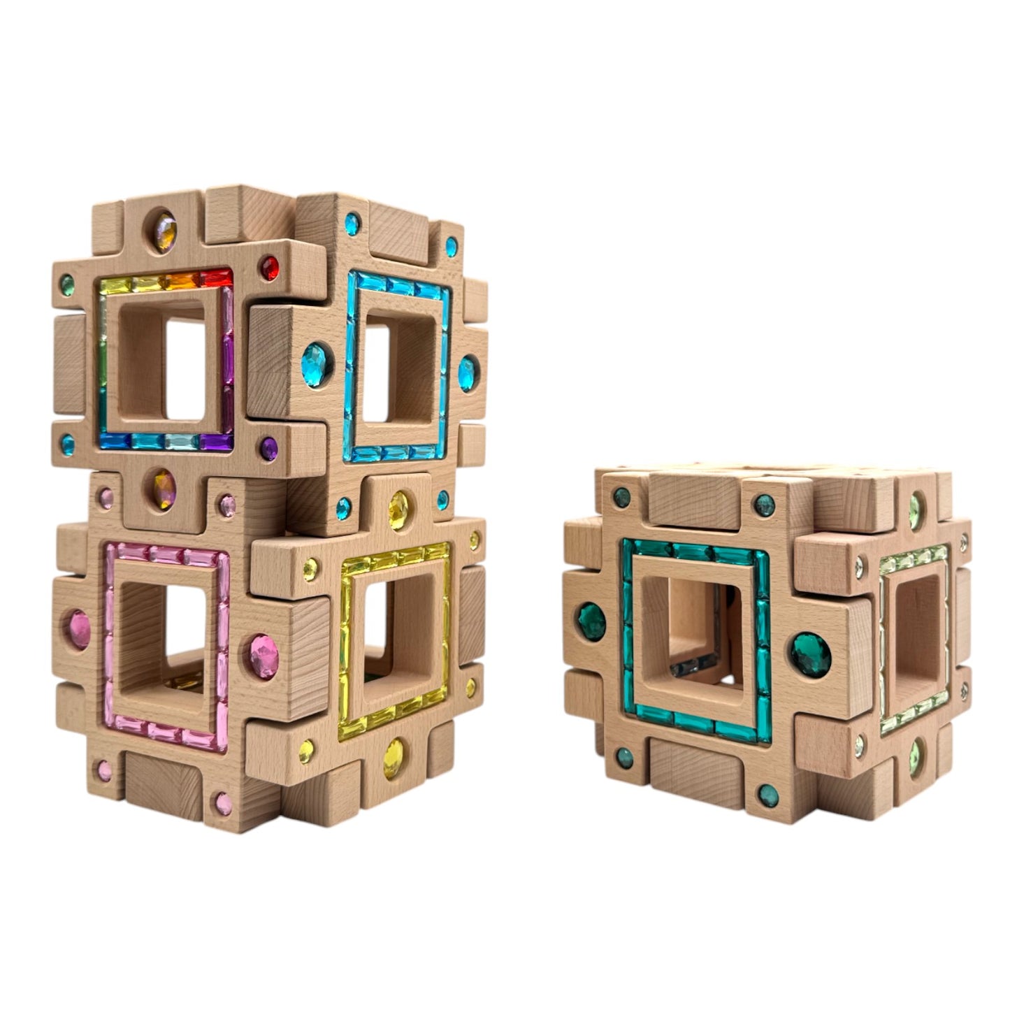 **pre-order (ships in 2-3 weeks)**wooden gemlight window blocks – 16-piece colorful open-ended play set with storage box