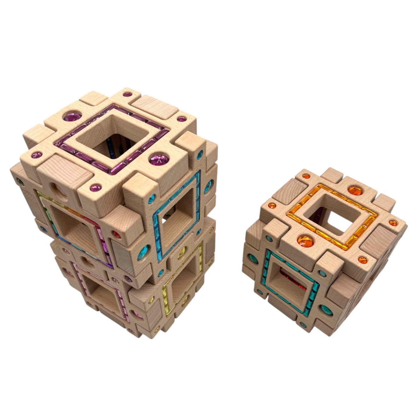 **pre-order (ships in 2-3 weeks)**wooden gemlight window blocks – 16-piece colorful open-ended play set with storage box