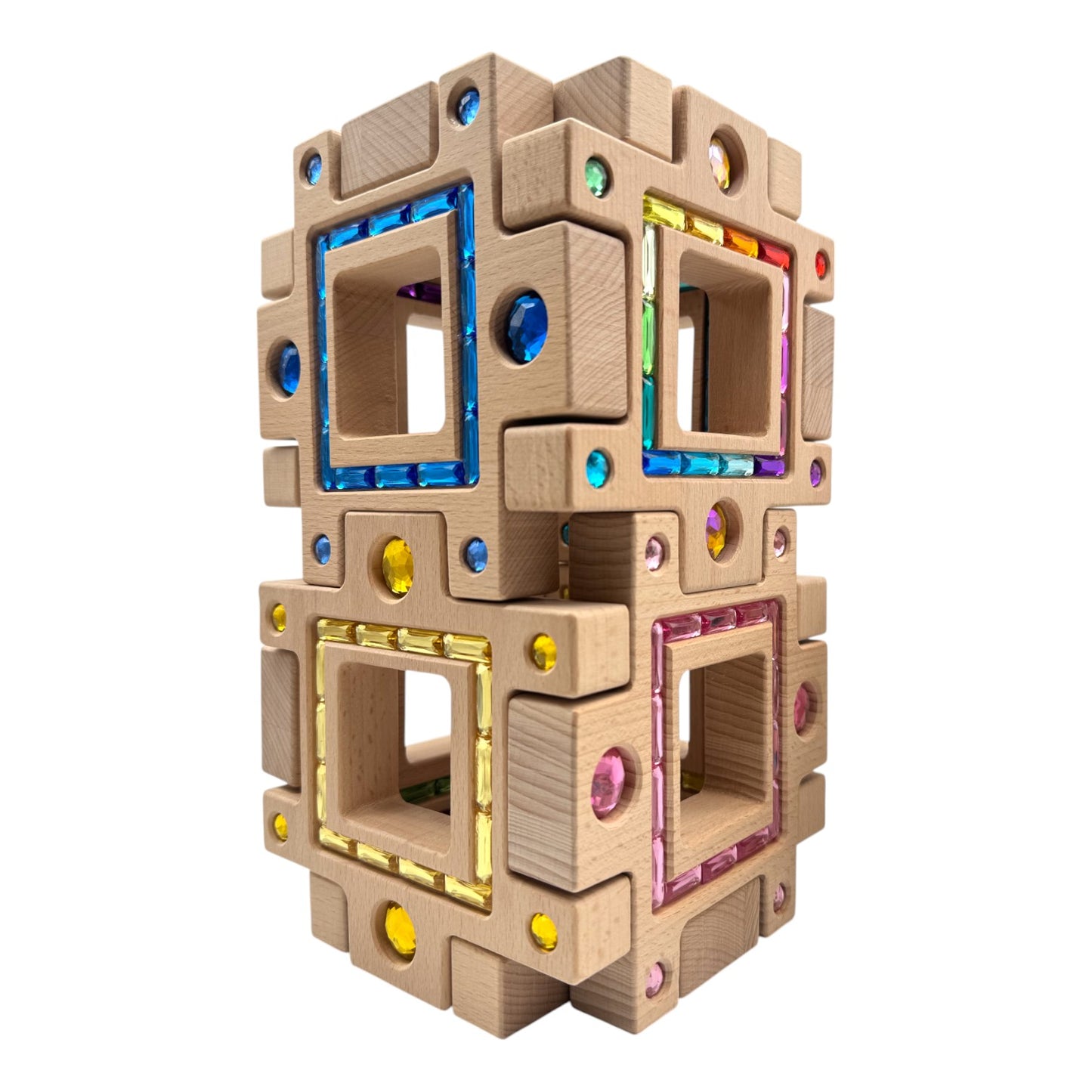 **pre-order (ships in 2-3 weeks)**wooden gemlight window blocks – 16-piece colorful open-ended play set with storage box