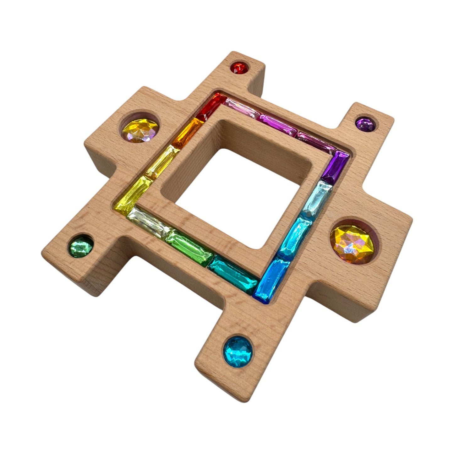 **pre-order (ships in 2-3 weeks)**wooden gemlight window blocks – 16-piece colorful open-ended play set with storage box