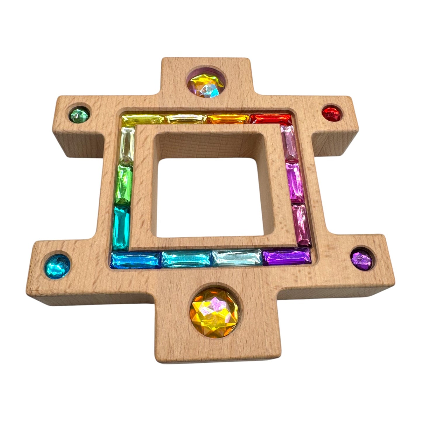 **pre-order (ships in 2-3 weeks)**wooden gemlight window blocks – 16-piece colorful open-ended play set with storage box