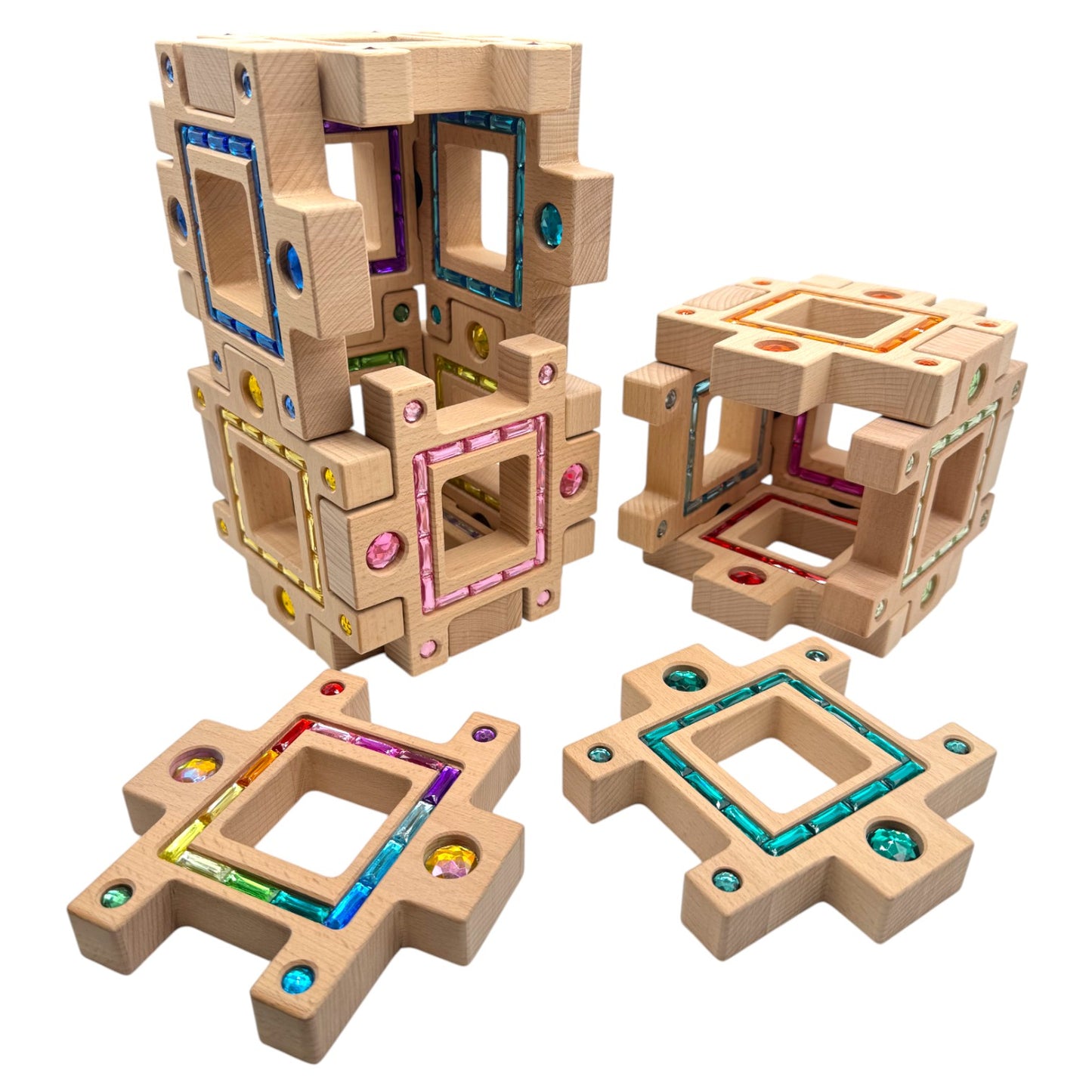 **pre-order (ships in 2-3 weeks)**wooden gemlight window blocks – 16-piece colorful open-ended play set with storage box