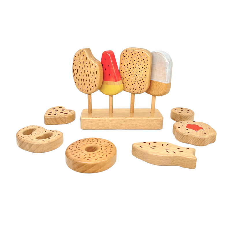 10 Pcs Wooden Popsicle Ice Cream Bar and Pastry Cookies Pretend Play Set