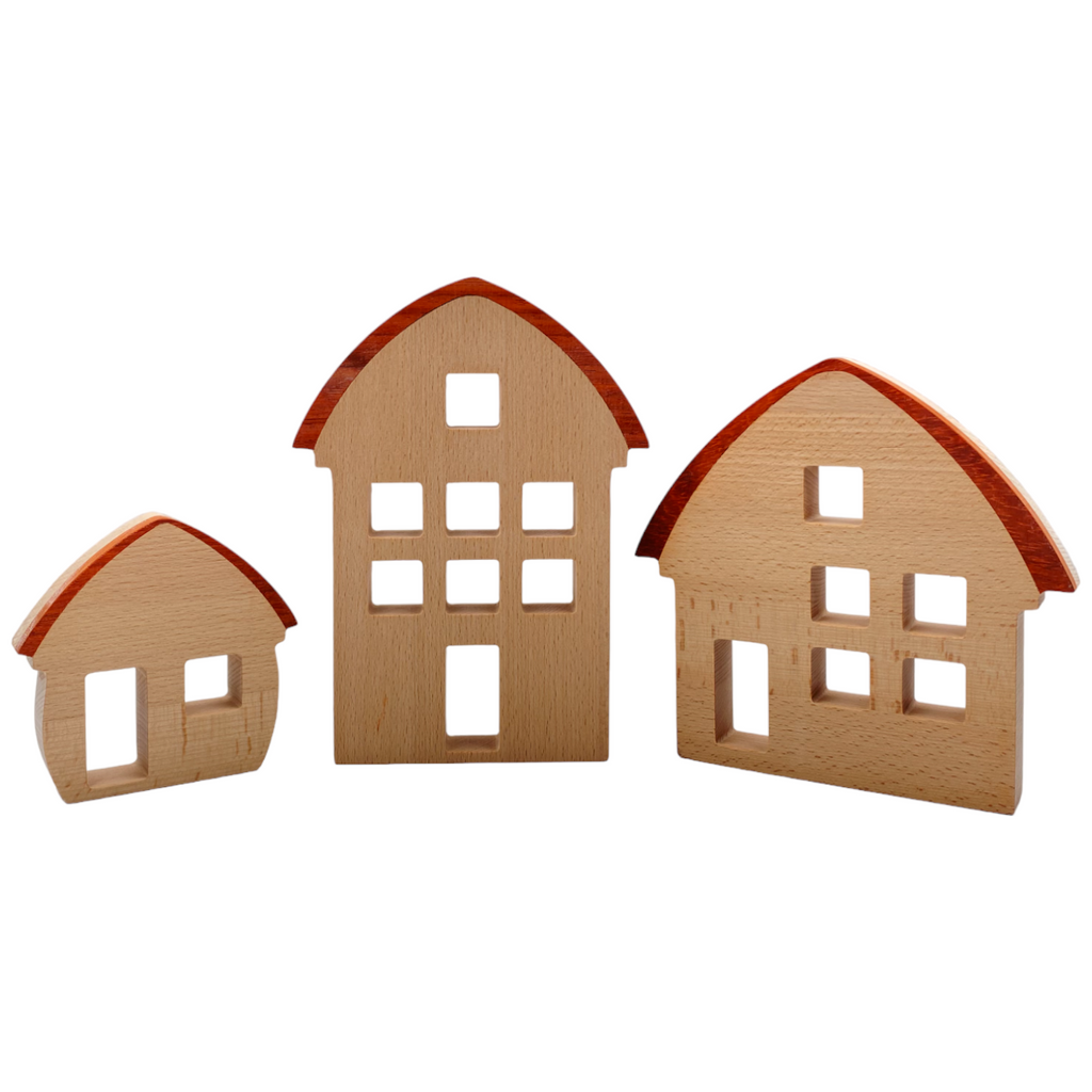 3 Pcs Wooden Window Houses with Darker Roofs