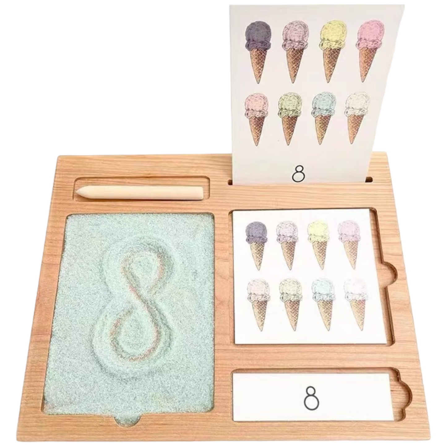 wooden 3-part educational activity/sand tray with card slot and pen