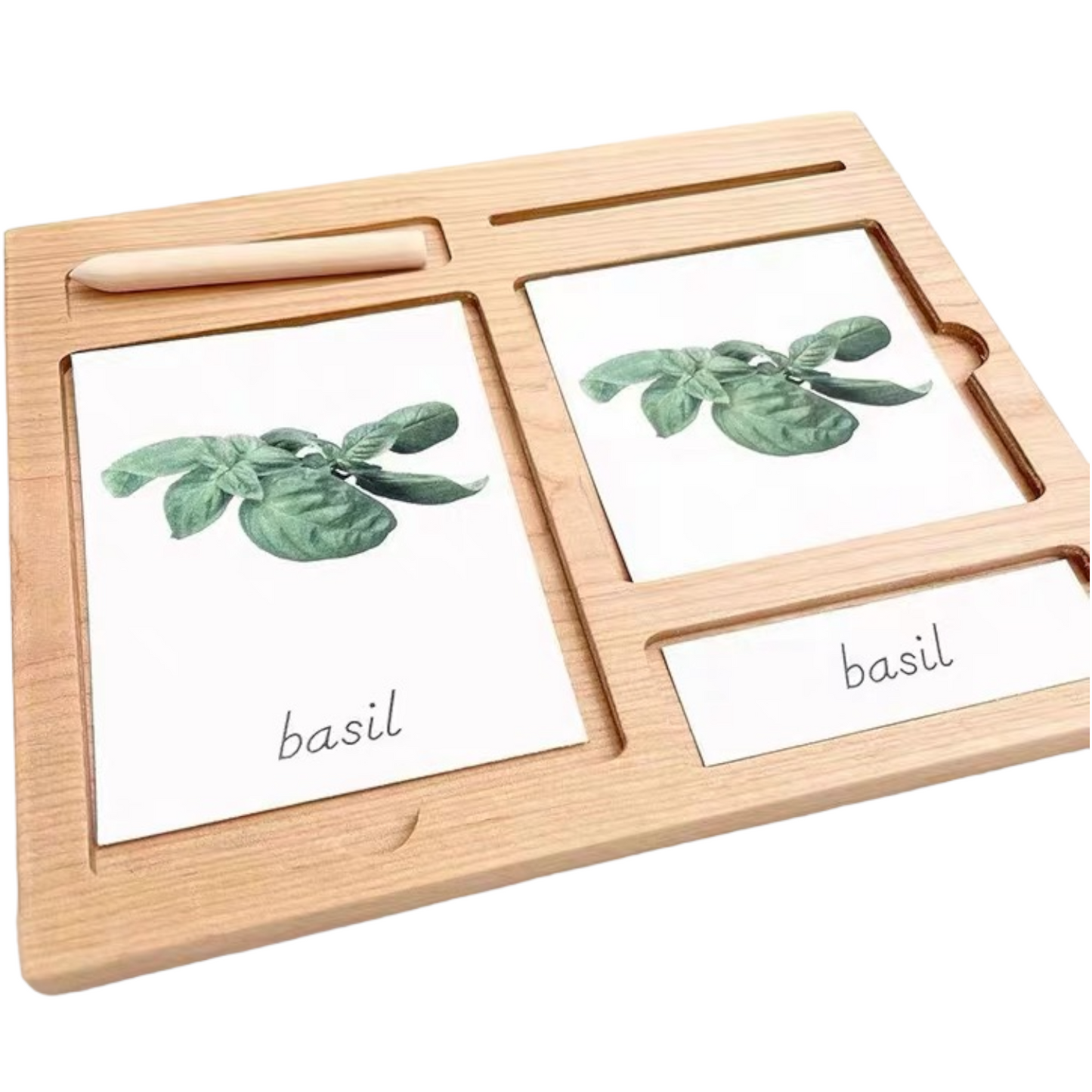 wooden 3-part educational activity/sand tray with card slot and pen