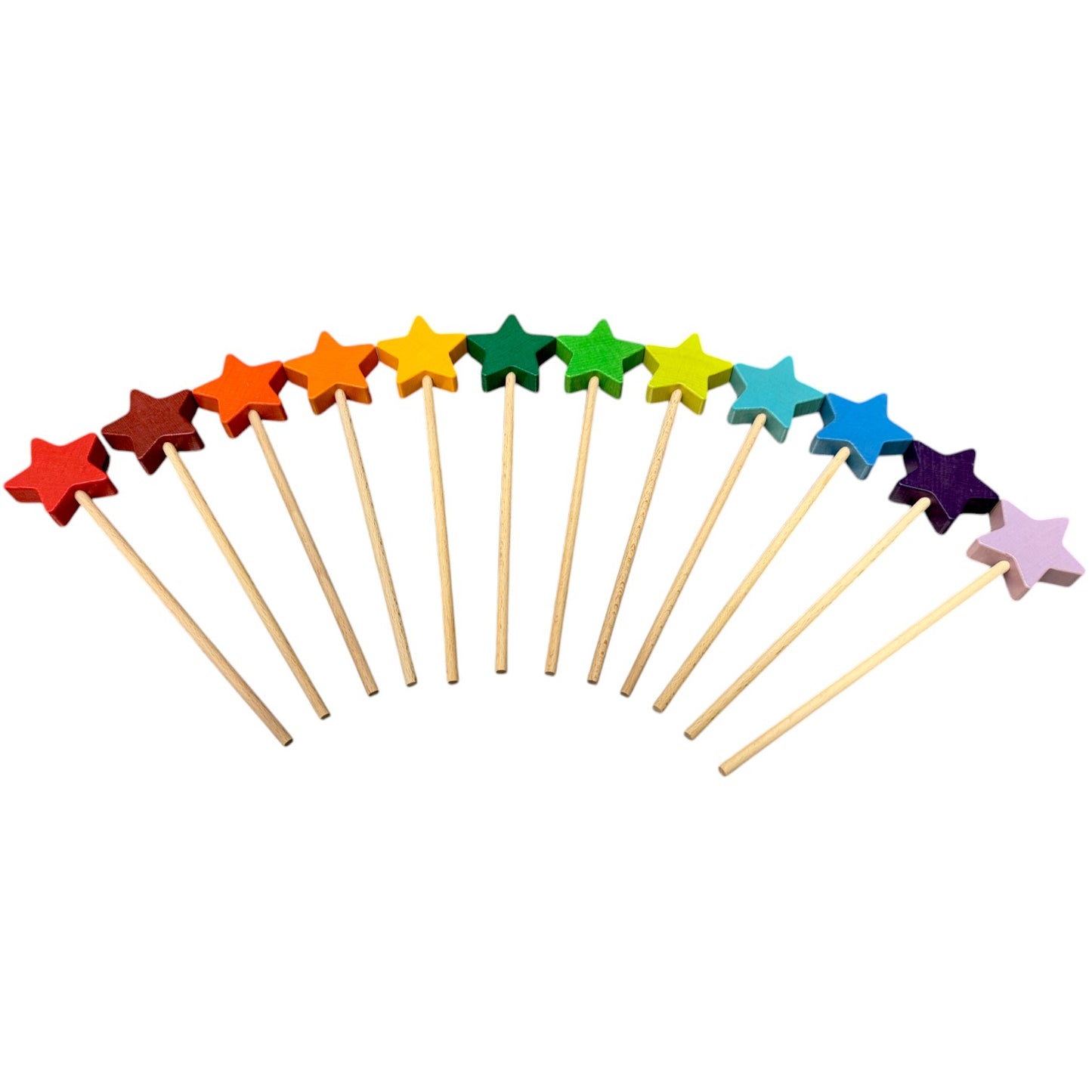 12 pcs wooden star wand set in rainbow and natural colors