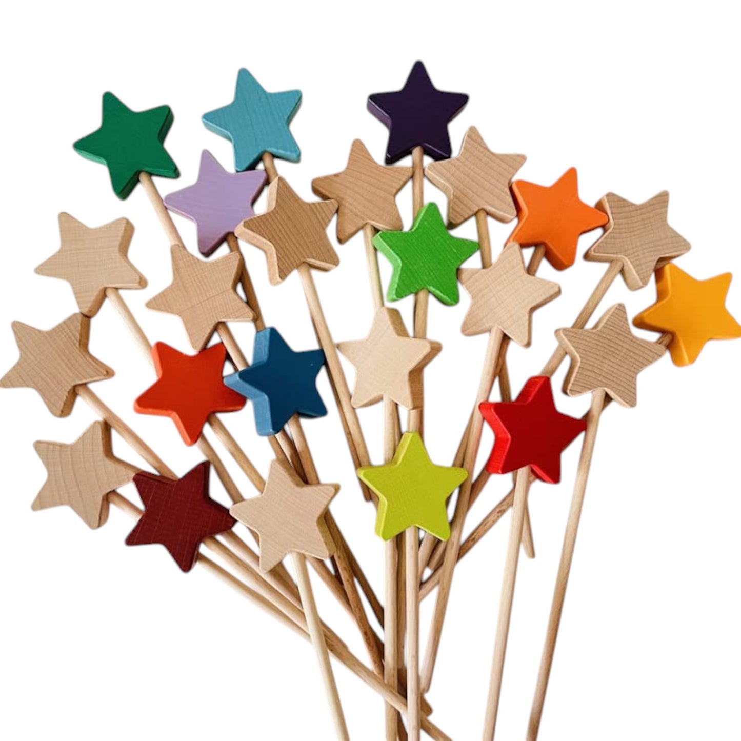 12 pcs wooden star wand set in rainbow and natural colors