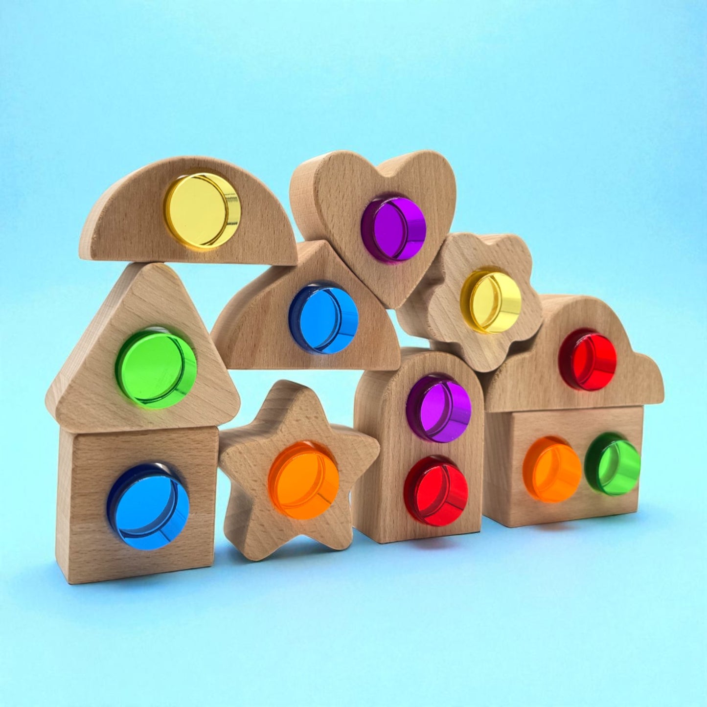 wooden shapes with removable crystal windows – 10 blocks + 12 rainbow acrylic inserts