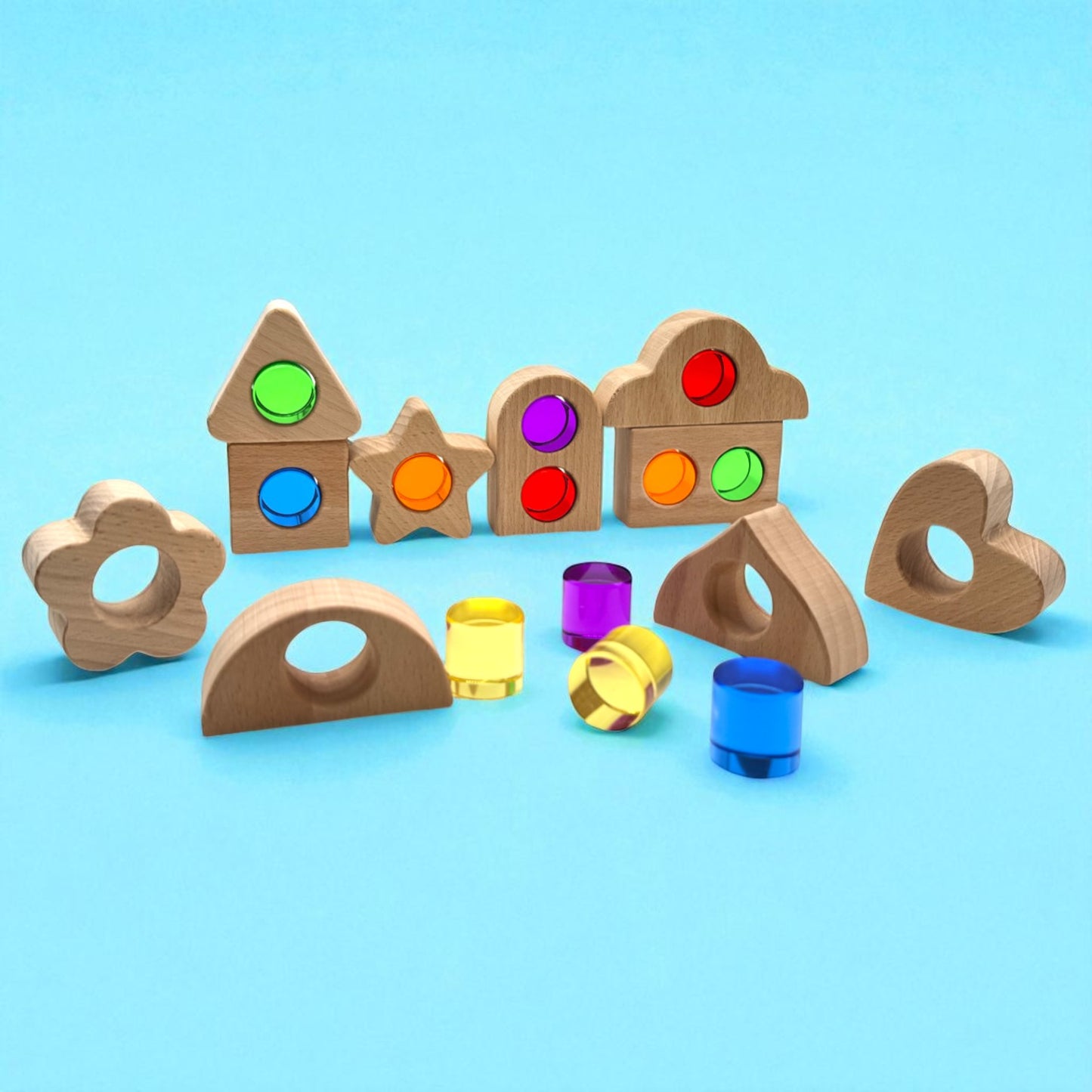 wooden shapes with removable crystal windows – 10 blocks + 12 rainbow acrylic inserts