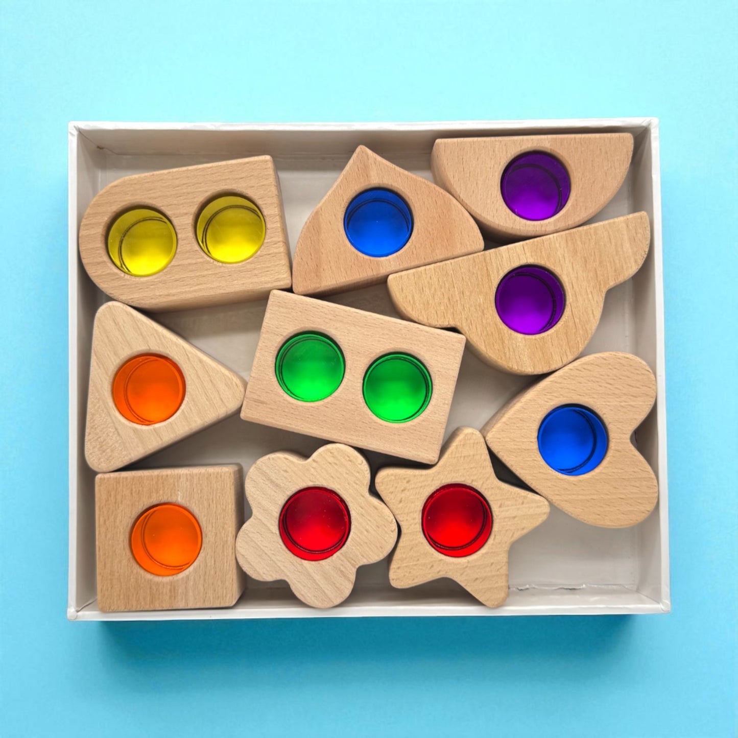 wooden shapes with removable crystal windows – 10 blocks + 12 rainbow acrylic inserts