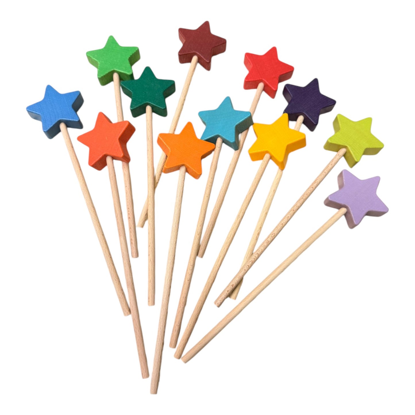 12 pcs wooden star wand set in rainbow and natural colors