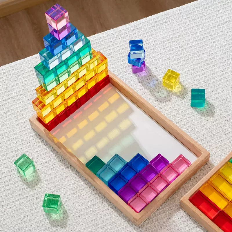 60 pcs crystal clear high transparency lucite cubes set with wooden tray – rainbow or pastel colors