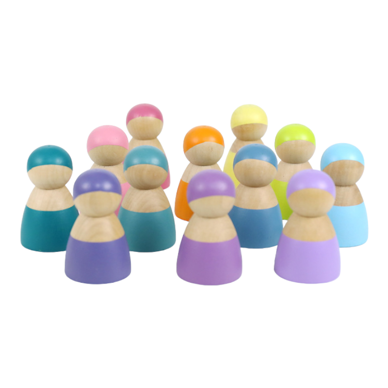 12-piece wooden peg dolls – pastel/macaron colors