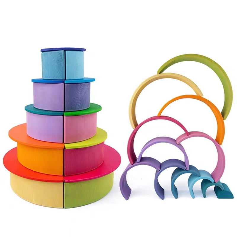 12 pcs large wooden rainbow stacking blocks in pastel/macaron colors