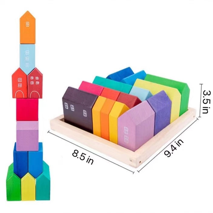 15-piece stained little village wooden house building blocks se