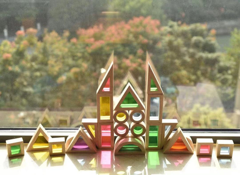24 Pcs Rainbow Acrylic Sensory Wooden Building Blocks