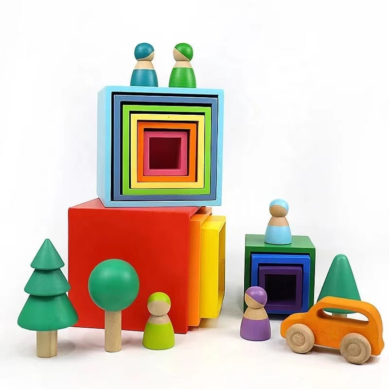 6 pcs colored wooden nesting box set in pastel/macaron color