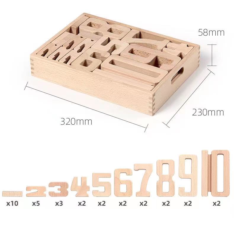 32 Pcs Wooden Math Number Building Blocks Set with Tray