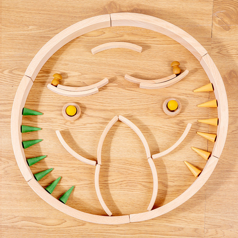 42-piece combination set ā 12 large & 30 mini curved natural wooden building blocks